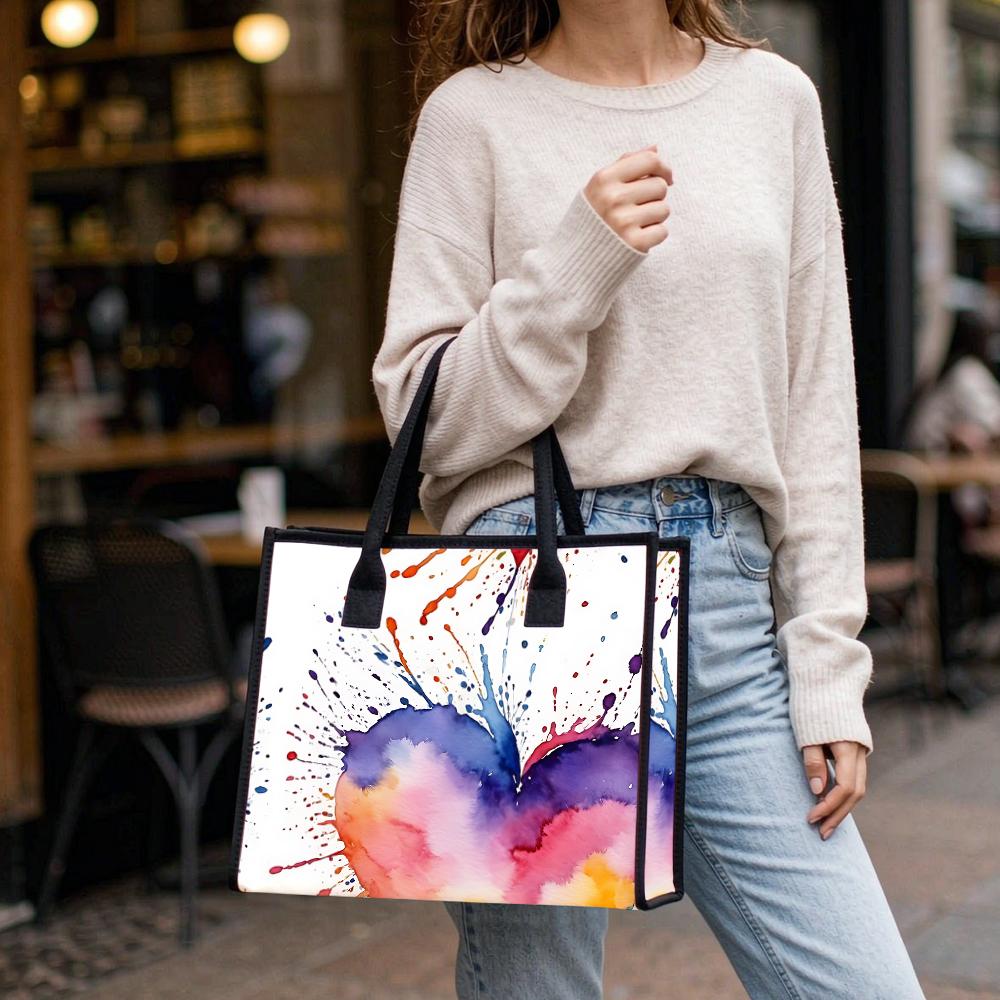 Watercolor Heart Print Tote Bag Stylish Casual Daily Carry Handbag for Outdoor Shopping Travel Use