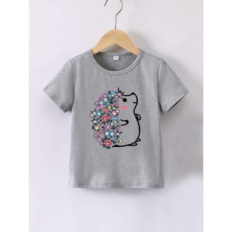 Летняя розовая одежда для маленькой девочки, детские повседневные футболки с мультяшным принтом цветов и ежика, детские топы с коротким рукавом и круглым вырезом