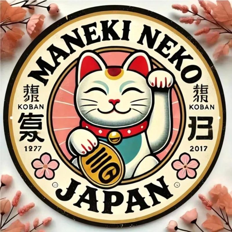 Japanese Lucky Cat Metal Wall Sign Retro Round Decor Home Office