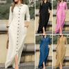 Spring Summer Women Dress Loose Pure Color Single-breasted Side Pockets Lapel V Neck Long Sleeves Split Hem Breathable Casual Ankle Length Maxi Dress