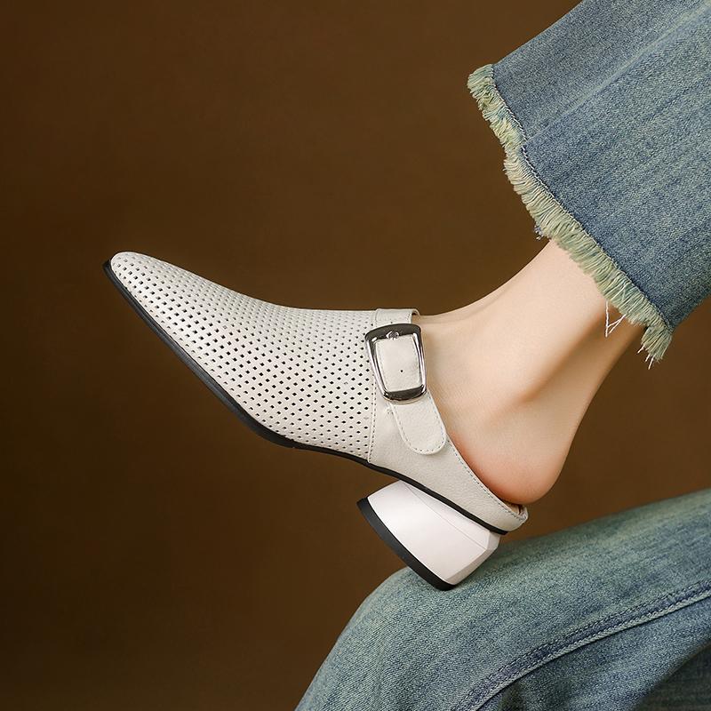 Модные летние женские туфли из натуральной кожи, женские сандалии с острым носком и вырезом, женские сандалии на толстом каблуке, женские тапочки Mueller.