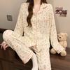 Korean Style Bow Womens Pajama Set Long Sleeve Woven Cotton Loungewear Home Sleep