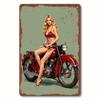 Винтажная металлическая жестяная табличка  Ретро Красный Мотоцикл  Блондинка Женщина Настенное Искусство   Деревенский Домашний Декор Прочный Металлический Настенный Подвес для Гостиной