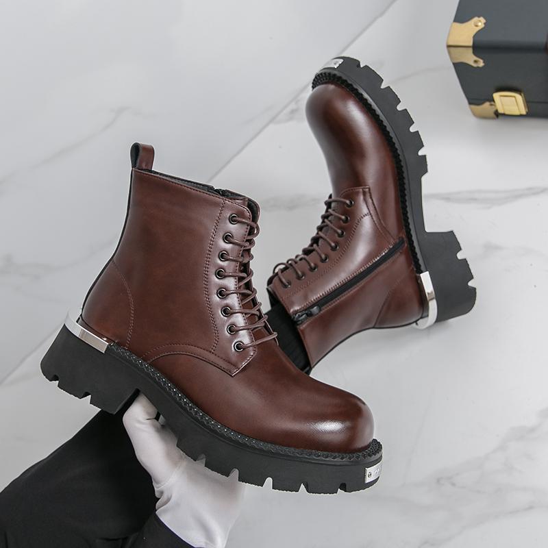 Men’s Retro Punk Thick Sole Platform Boots Cool Elevator Boots Black Brown Motorcycle Boots High Boots Plus Size