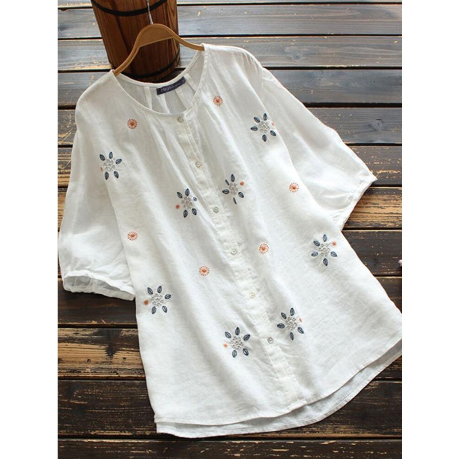 Women Cotton Linen Blouse Flower Embroidered Round Neck Button Up Shirt Short Sleeve White Blue Orange Top