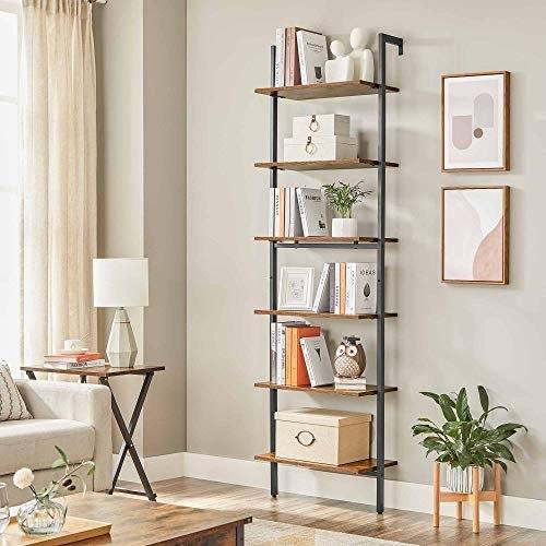 Лестничная полка, 6-уровневый книжный шкаф, настенная полка для гостиной, офиса, кухни, спальни, 60 x 30 x 204,8 см, индустриальный