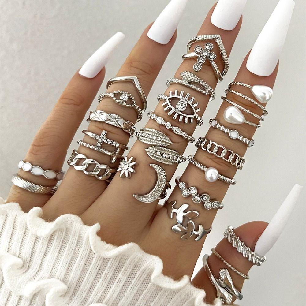 Gold/Silver Wave Joint Rings Set Alloy Love Chain Joint Ring New Multi Style Ring Set  Woman