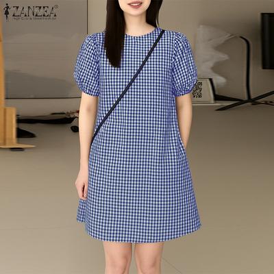 Женское повседневное платье с круглым вырезом, принтом в клетку, летнее, с коротким рукавом