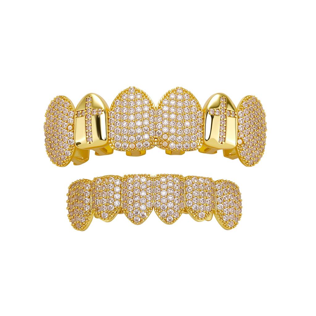 Hot Selling Cross Vampire Fangs Dental Grillz Full Paved Zircon Real Gold Plated Hip Hop Halloween Teeth Jewelry