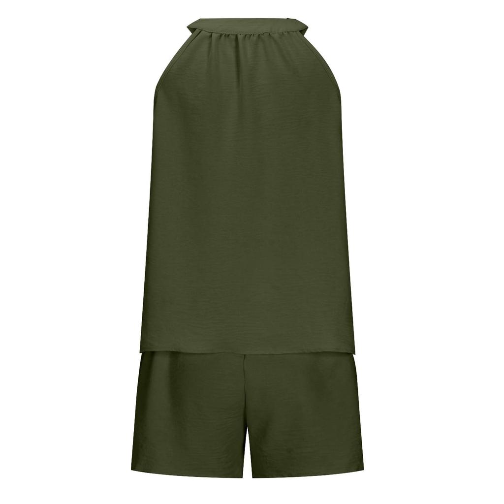 Женский однотонный свободный пуловер с v-образным вырезом, повседневный топ без рукавов с карманами, шорты, комплект