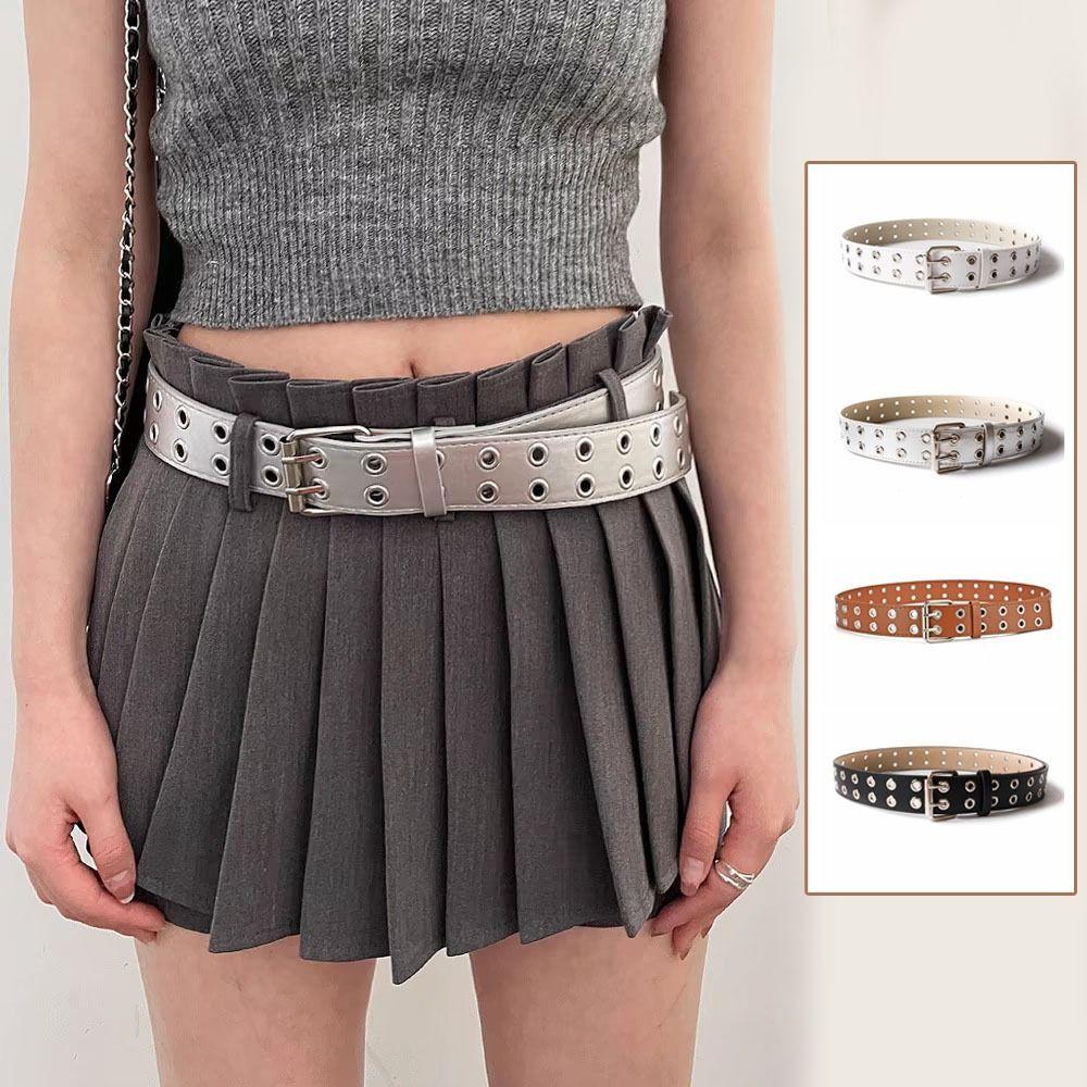 Punk Double Row Hole Belt Metal Buckle Hip-hop Waist Belt PU Leather Star Waistbands  Female/Girls