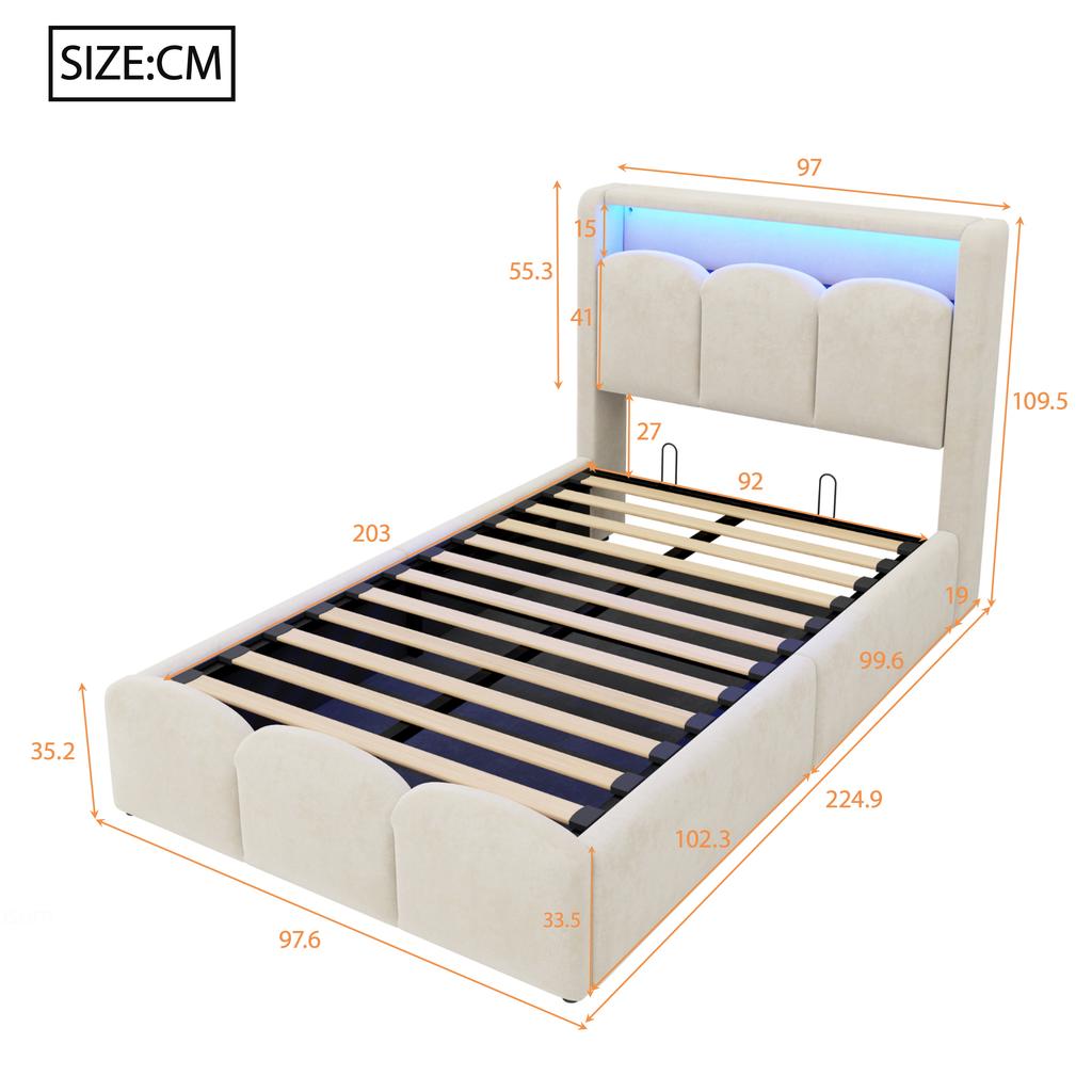 Upholstered bed 90x200, hydraulic storage function, headboard storage, soft velvet, petal design, single bed, USB and Type-C ports, LED, beige