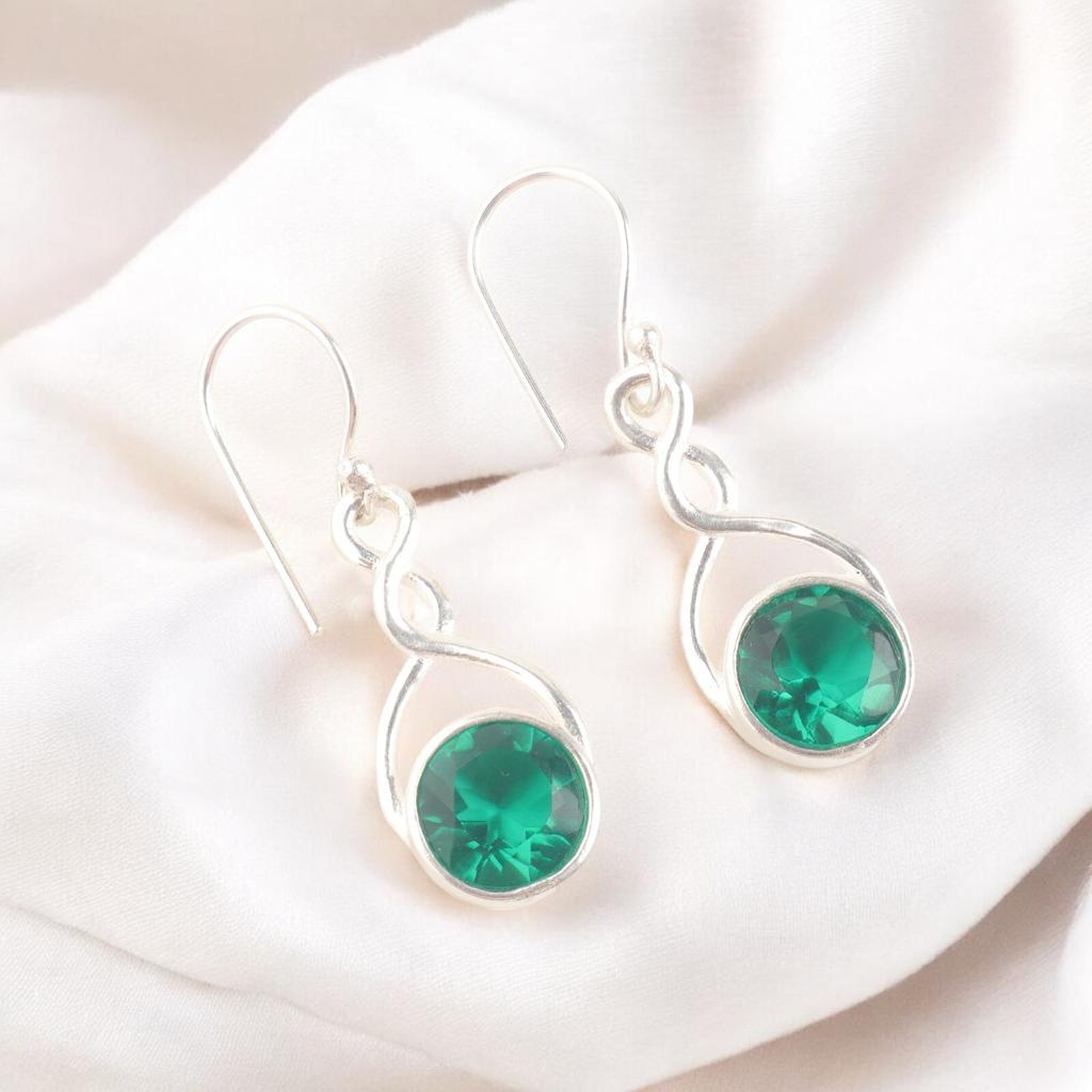 Round Cut Green Emerald 925 Sterling Silver Handcrafted Jewelry Earrings 1.68" CE-15-1