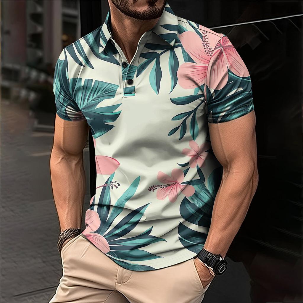 Мужская рубашка для гольфа с гавайским принтом, повседневная спортивная, с V-образным вырезом и коротким рукавом
