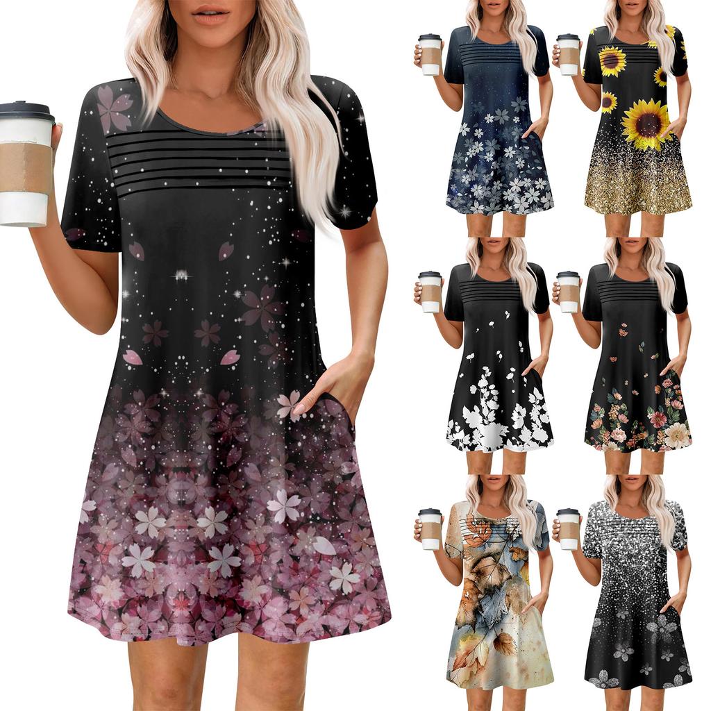 Женские летние повседневные платья с круглым вырезом, плиссированные, с карманами, с принтом, с коротким рукавом