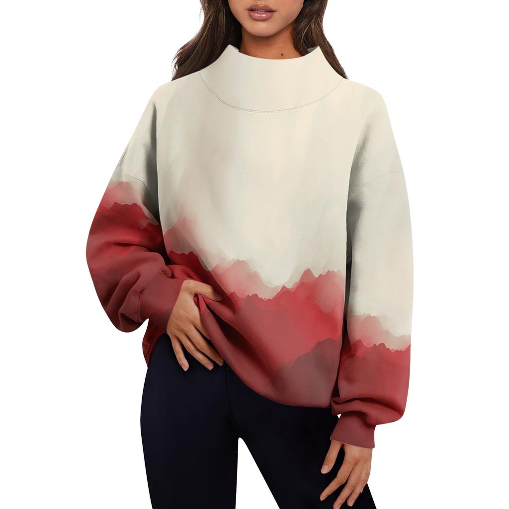 Женская мода с принтом и длинными рукавами, свободная полуводолазка с разрезом, толстовка, топ