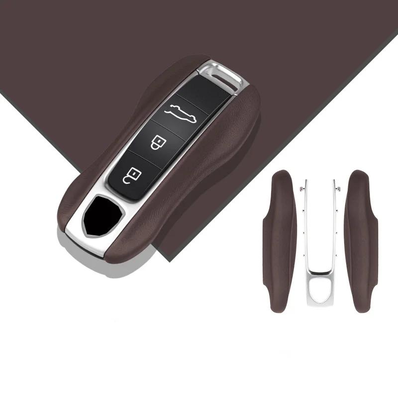 AABKV1 Luxury Genuine Leather for Porsche Boxster Cayman Panamera Cayenne Macan 718/911 Taycan Car Key Case Cover Protective Keychain