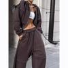 Casual Tracksuit Women Two Piece Set Panelled Stripes Sport Hipster Hooded Zip Jacket Wide Pants