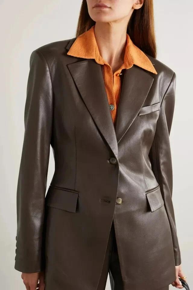Lambskin Leather Stylish Button Women Brown Party Blazer Classic Real Genuine