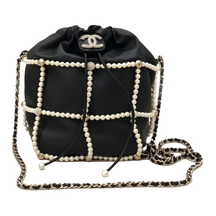 Chanel Черная маленькая женская сумка-мешок на завязках с жемчугом, сумка через плечо, сумка кросс-боди AS2313-B04881-94305