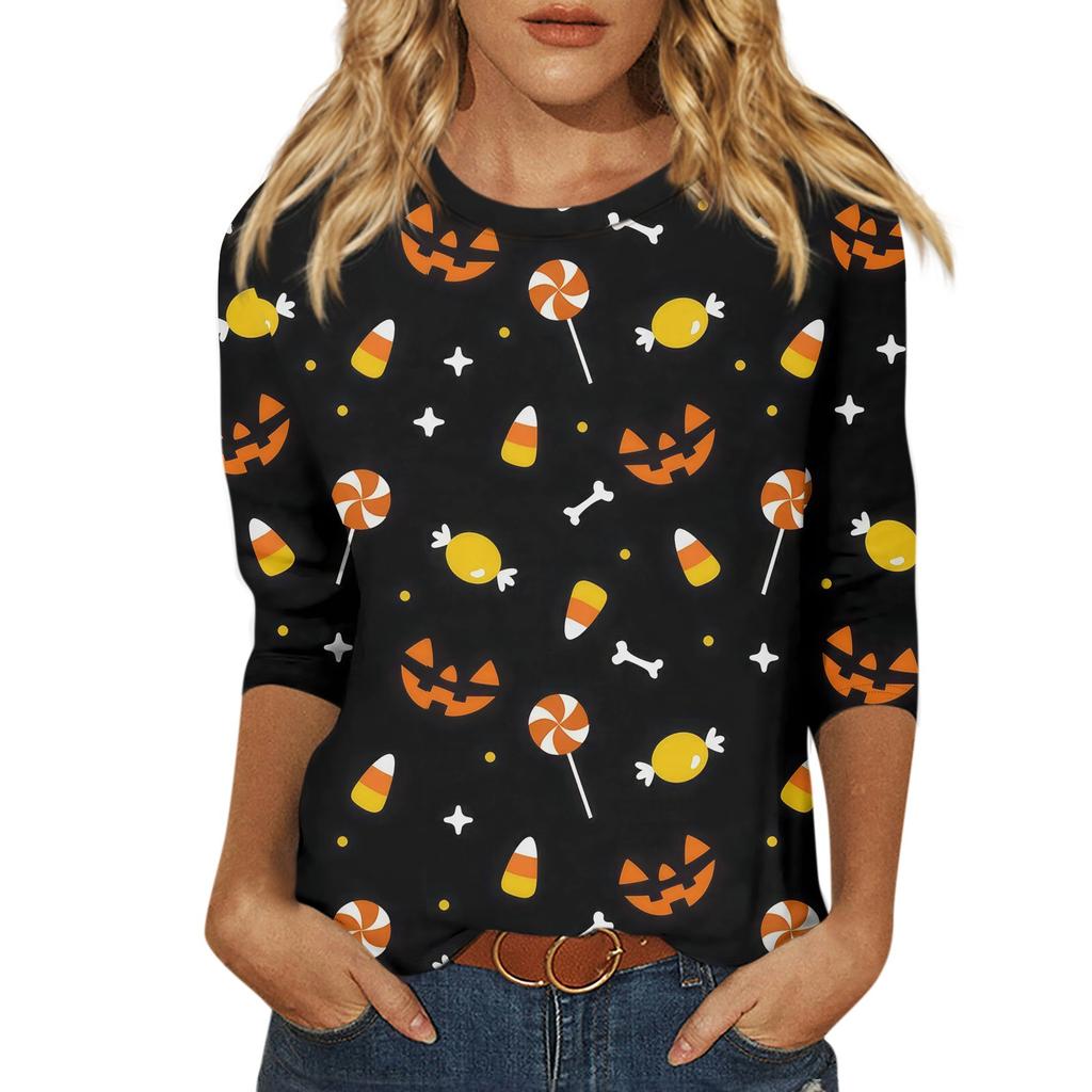 Women's Fashion Casual Round Neck 3/4 Sleeve Loose Halloween Printed T-Shirt Ladies Top
