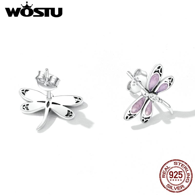 WOSTU 925 Sterling Silver Fine Pink Dragonfly Stud Earrings Insect Animal Ear Studs for Women Original High Quality Jewelry
