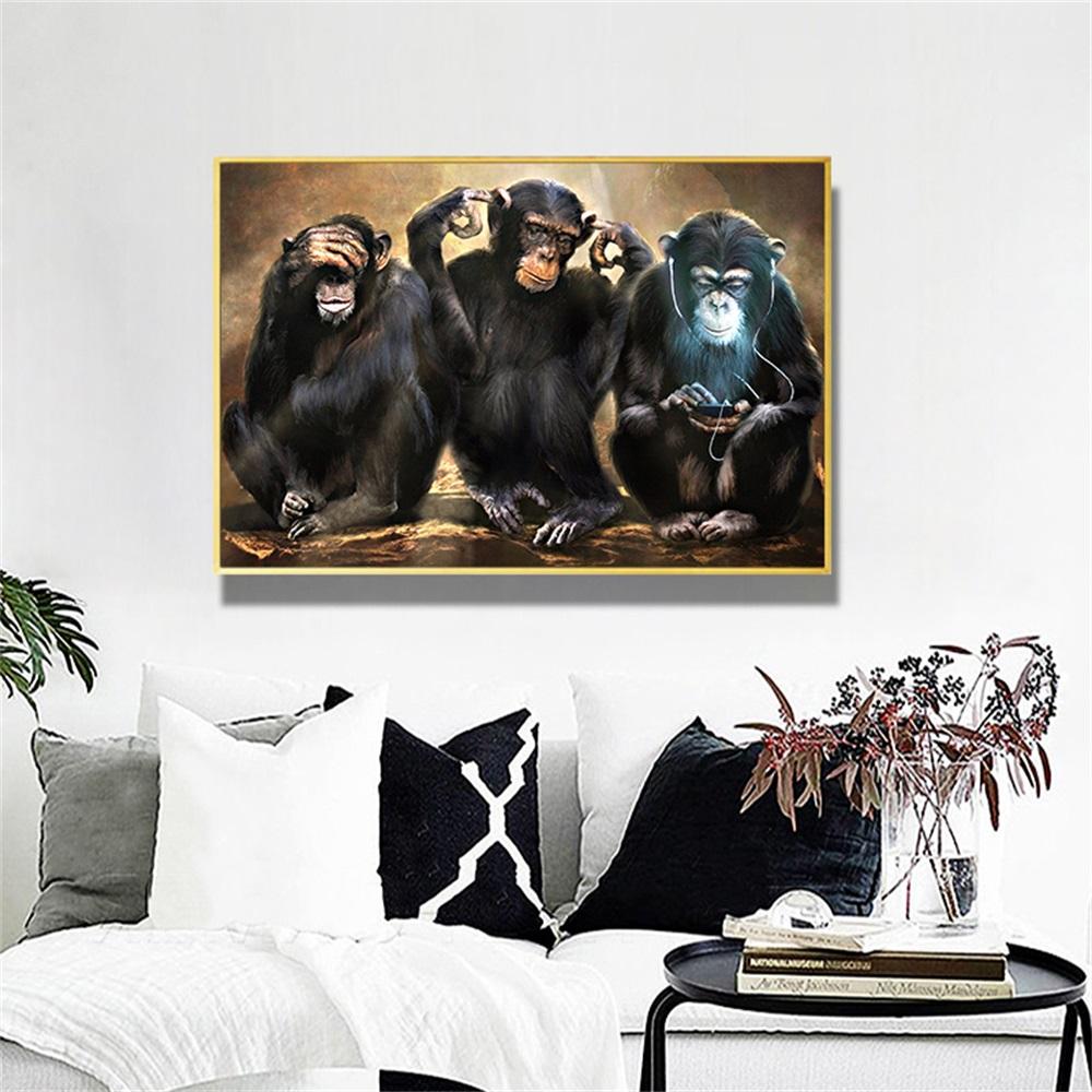 Solid Wood Frame Big Size Poster Canvas Painting Animal Wall Art Dark Three Funny Monkey Posters and Prints Picture for Living Room Home Decor