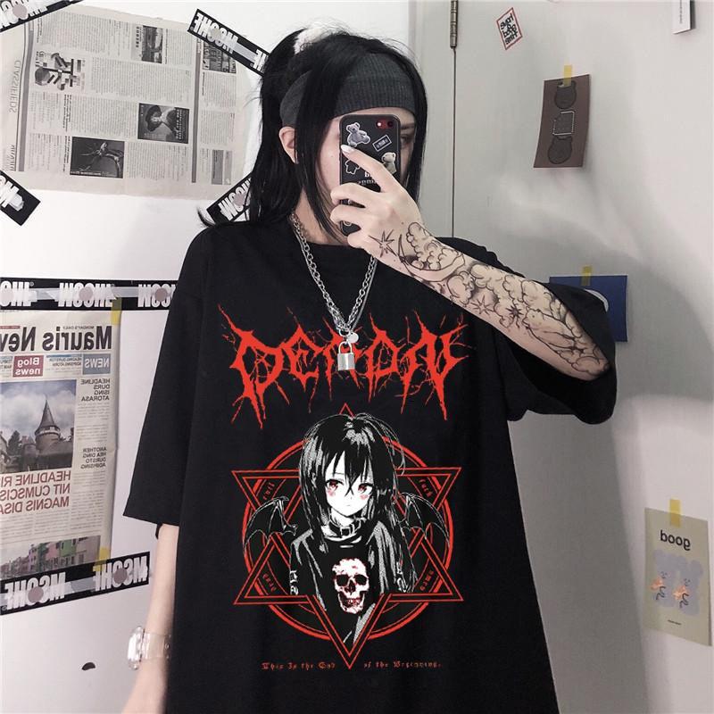 Harajuku T-Shirt Aesthetic Gothic Punk Cartoon Short Sleeve O-Neck Tops Women Summer Loose Oversize Street Clothes