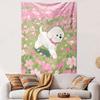 Cute White Puppy in a Pink Flower Field Patterned Tapestry Decorative Wall Hanging, Home Bedroom Living Room Decor