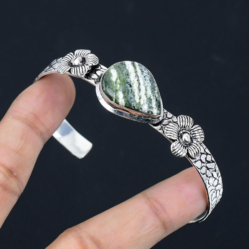 Mothers day Deal Sterling Silver Green Swiss Opal Stone Flower Bangle Jewelry