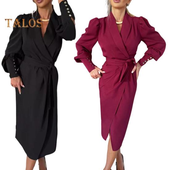 Женское вечернее платье в деловом стиле с отложным воротником, длинным рукавом, однотонное, облегающее, со шнуровкой и перекрестными бретелями, весеннее платье-миди, OL, летнее платье для поездок на работу