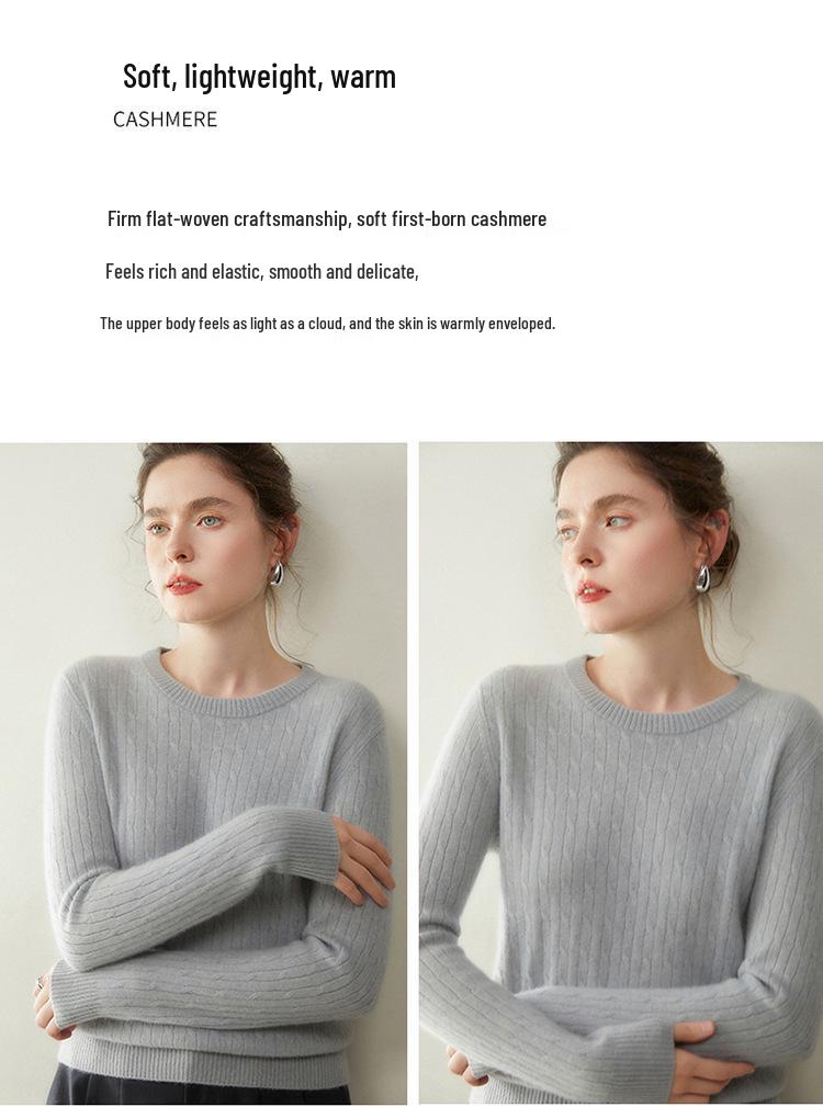 Women's Light Luxury Cashmere Sweater - Autumn/Winter Cable Knit, Round Neck, Slimming Fit, Long Sleeve.