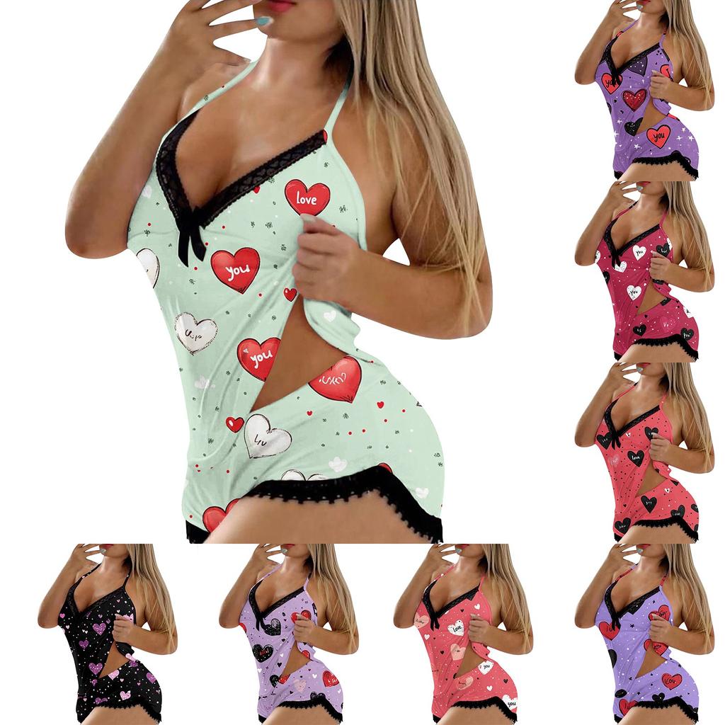 Женский пижамный комплект с V-образным вырезом, кружевной строчкой и безрукавкой на День святого Валентина