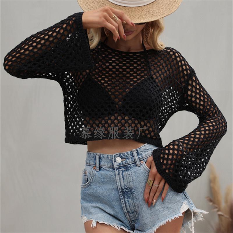 Весна и Лето Новый Пуловер Вязаный Свитер Рукав-труба Свободный Круглый вырез Ажурный Свитер Женский