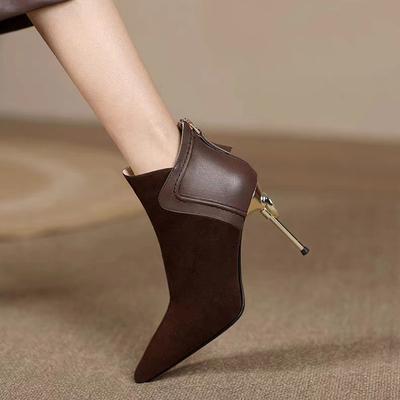 2025 весна и осень темперамент короткие женские ботинки женские тонкий каблук острый носок короткие ботинки новые мягкая кожа высокий каблук матовая кожа вставка голые