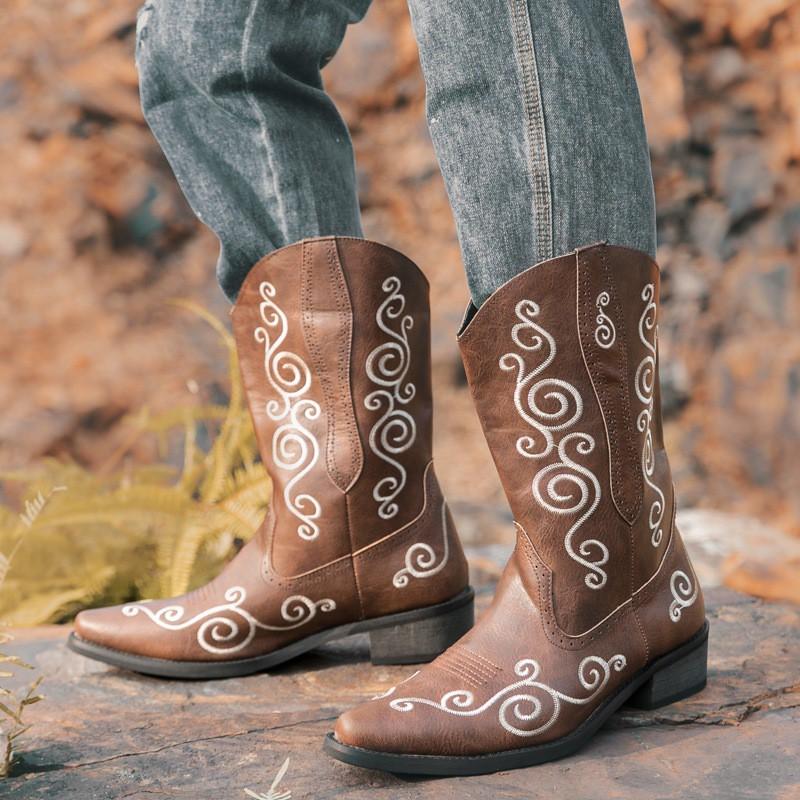 Mens Western Cowboy Boots High Pointed Toe Tall Shaft Casual Leather Size 38-46