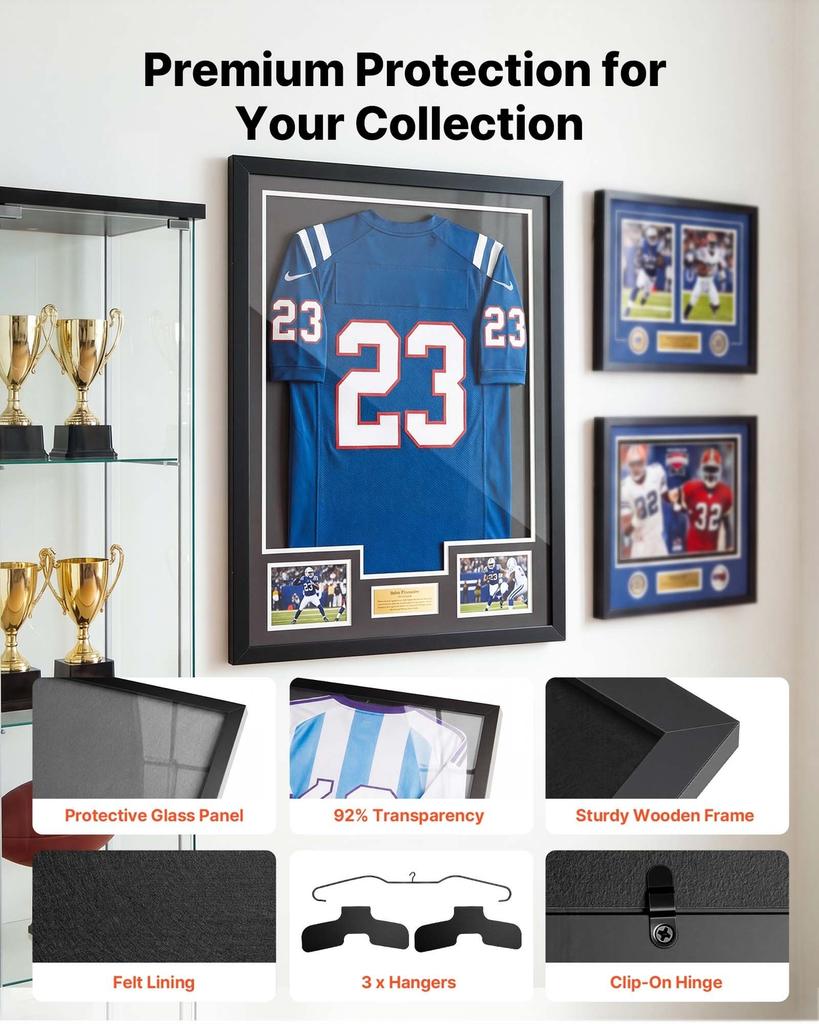 Jersey Frame Display Case, 80 x 60 x 2.5 cm, Wooden Sport Jersey Shadow Box with 98% UV Protection PC Panel and Hanger, for Baseball Basketball
