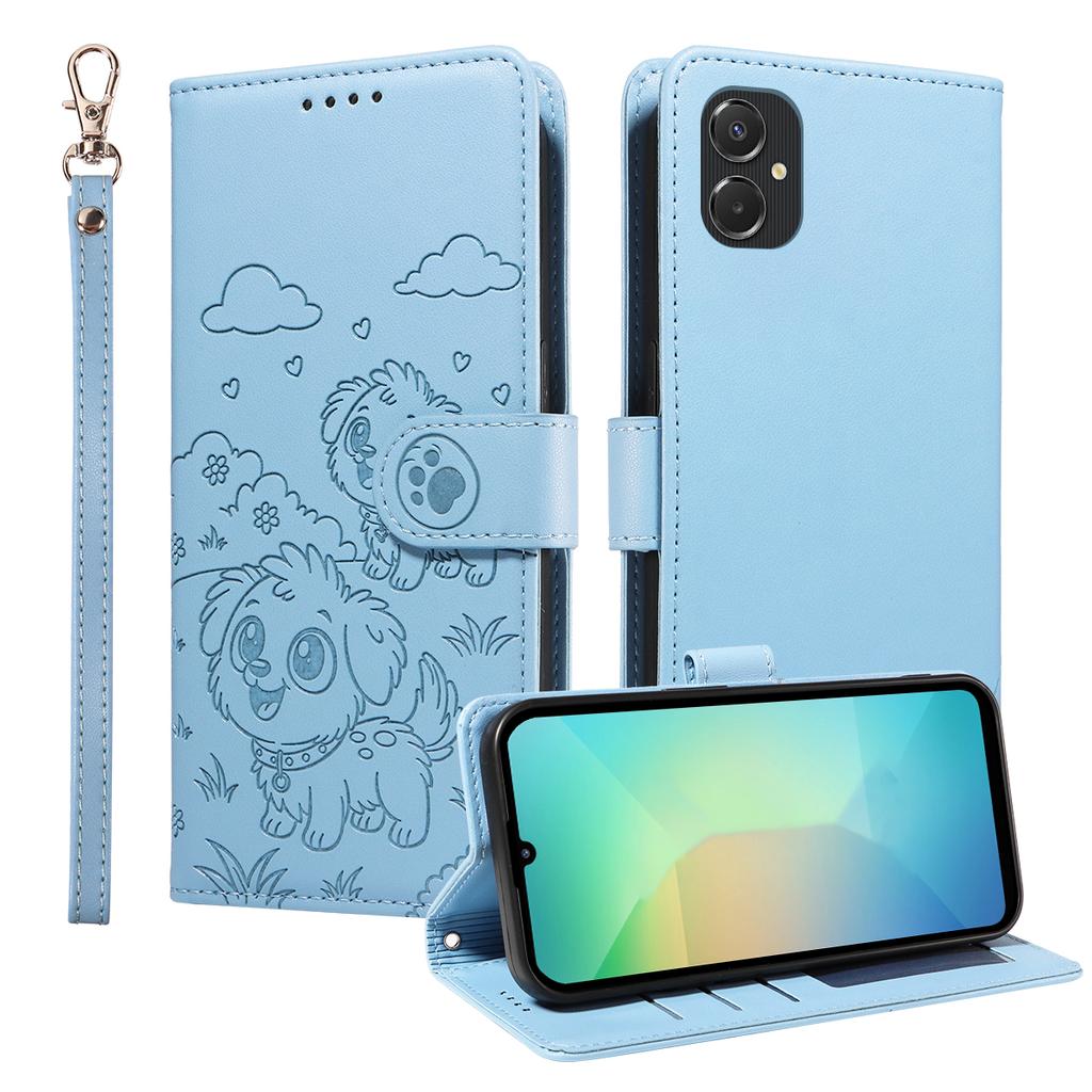 For Samsung Galaxy A06 4G/A06 5G/F06 5G/M06 5G/A07 4G Case RFID Blocking Imprint Dog Pattern PU Leather Phone Cover with Wrist Strap