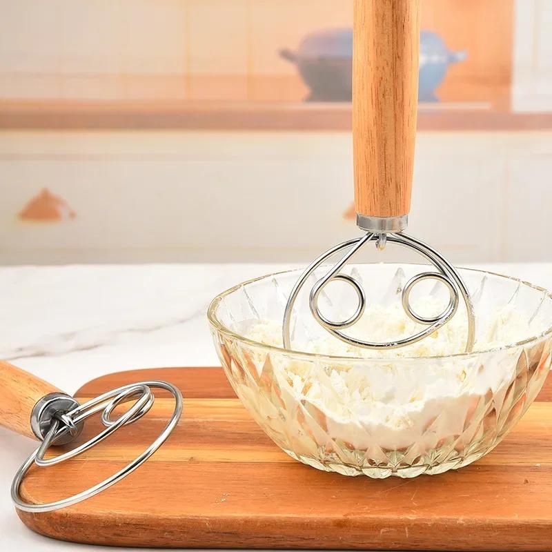Danish Dough Whisk Stainless Steel Dutch Style Bread Dough Hand Mixer Wooden Handle Kitchen Baking Tools Pastry Dough Blender