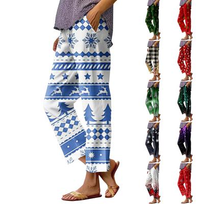 Женские модные повседневные брюки с прямыми карманами и эластичной талией с рождественским принтом