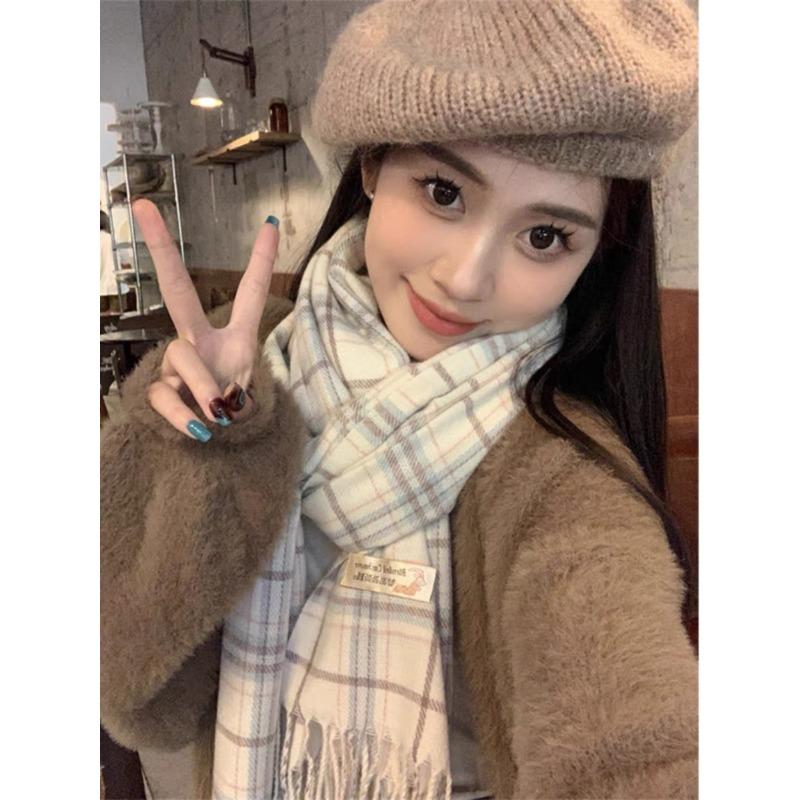 Зеленый винтажный клетчатый шарф для женщин, осенне-зимний универсальный теплый шарф-шаль в корейском стиле