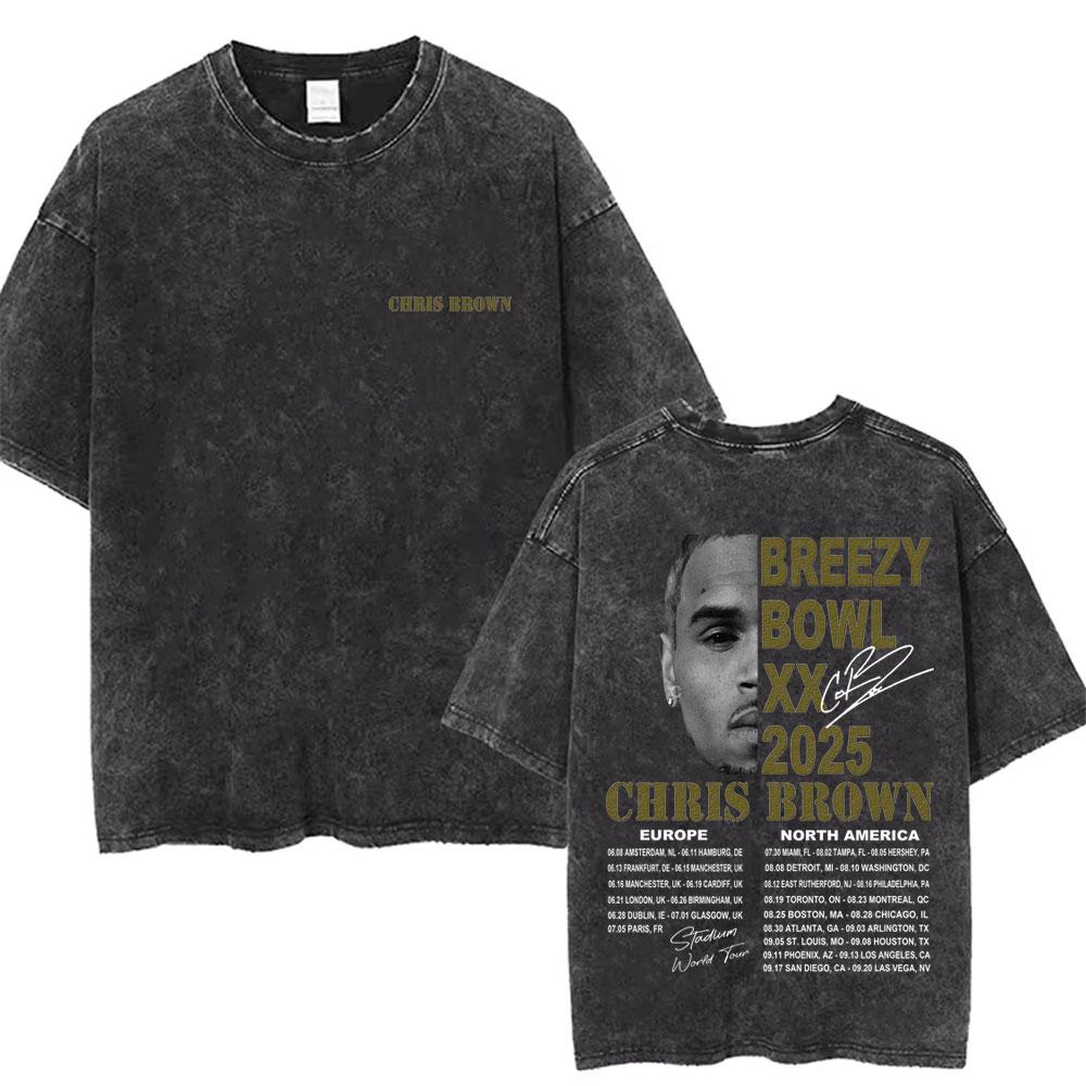 retro Washed Chris Brown Breezy Bowl XX Tour Graphic T Shirts Men Hip Hop Fashion Casual Tshirts Unisex Summer Cotton tees