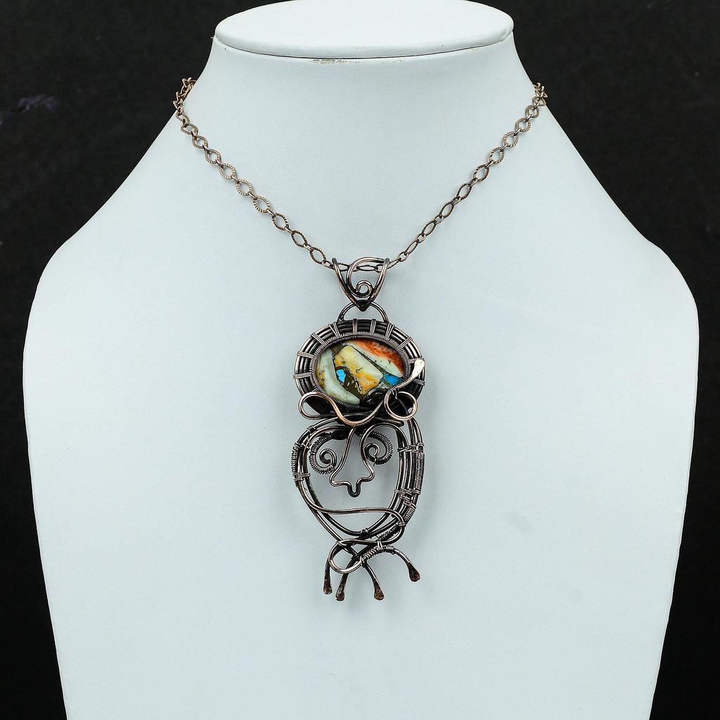 Подвеска из колючей устрицы и медной бирюзы, обернутая медной проволокой, ювелирное изделие из драгоценного камня ручной работы, подвеска с обмоткой проволокой, подвеска из античной меди, подарок для женщин