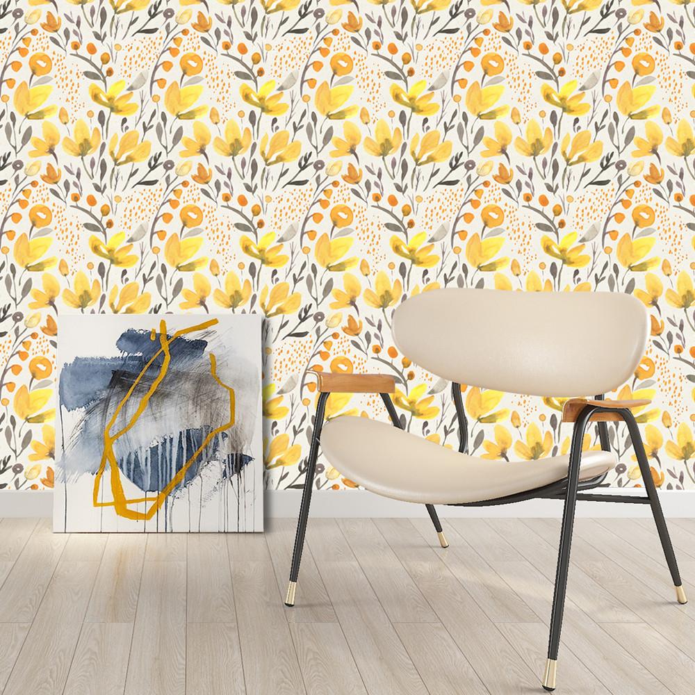 Желтые свежие цветочные самоклеящиеся обои виниловые отклеивающиеся и приклеивающиеся ручной росписи акварельный дизайн для гостиной домашний декор