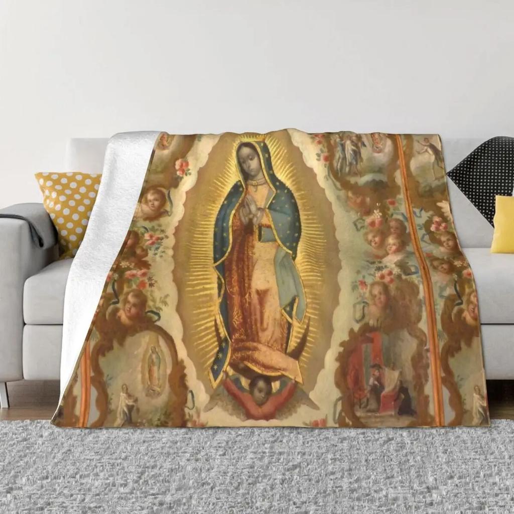 Вязаное одеяло Девы Гваделупской с четырьмя явлениями, фланелевые мягкие пледы Девы Марии, одеяло для спальни, дивана, спальни