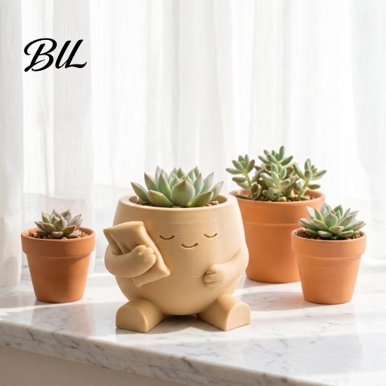 Indoor Gardening Accessory 3D Printed Cute Character Succulent Planter, Sleepy Face Flower Pot with Office Desk Storage Organizer Pillow, Mini Desktop