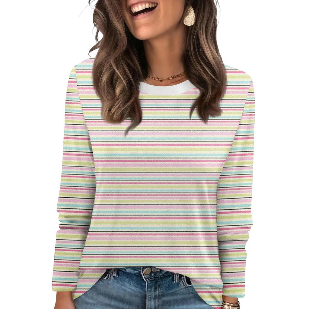 Женский полосатый модный повседневный топ с круглым вырезом и длинными рукавами