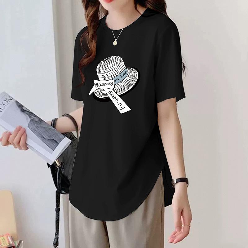 Футболка из хлопка с короткими рукавами и неровным закругленным подолом для женщин на лето, свободная облегающая футболка средней длины, универсальный топ