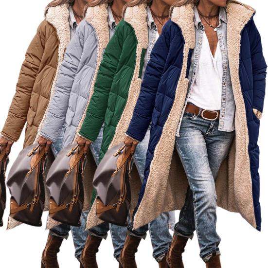 Women Winter Coat with Hood Padded Plush Lined Double-sided Wearable Outerwear Warm Large Pocket Zipper Closure Mid Length Overcoat