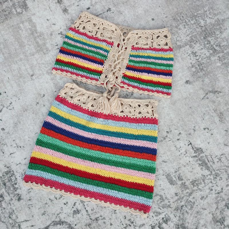 Handmade Crochet Bikini and Striped Mini Beach Skirt Set